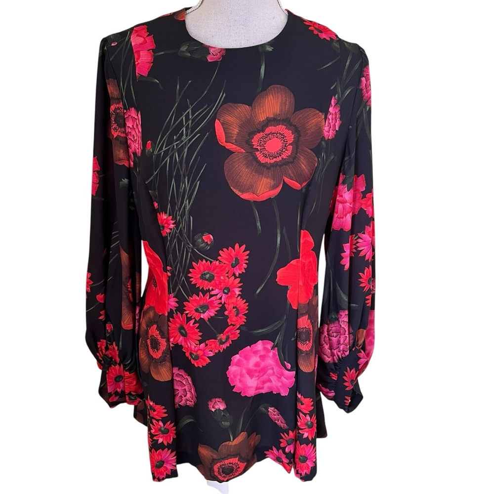 Lela Rose Pearl Black/Pink/Red Floral Crepe Princess Seam Full Sleeve Top